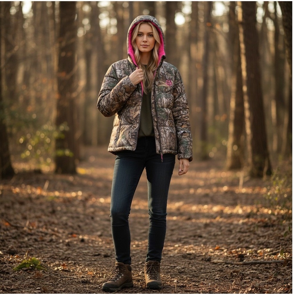 Realtree Camo Winter Puffer Jacket Pink Lining Hooded Coat Womens 2XL Camouflage